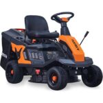 FUXTEC cortacésped con asiento FX-RMR66, tractor de césped 6 CV, anchura de corte 66 cm, bolsa de recogida de 150 litros, altura de corte regulable